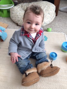 Cardigan - Baby Gap, jeans- Carter's, moccasins- Hanna Andersson, plaid shirt - Old Navy.com